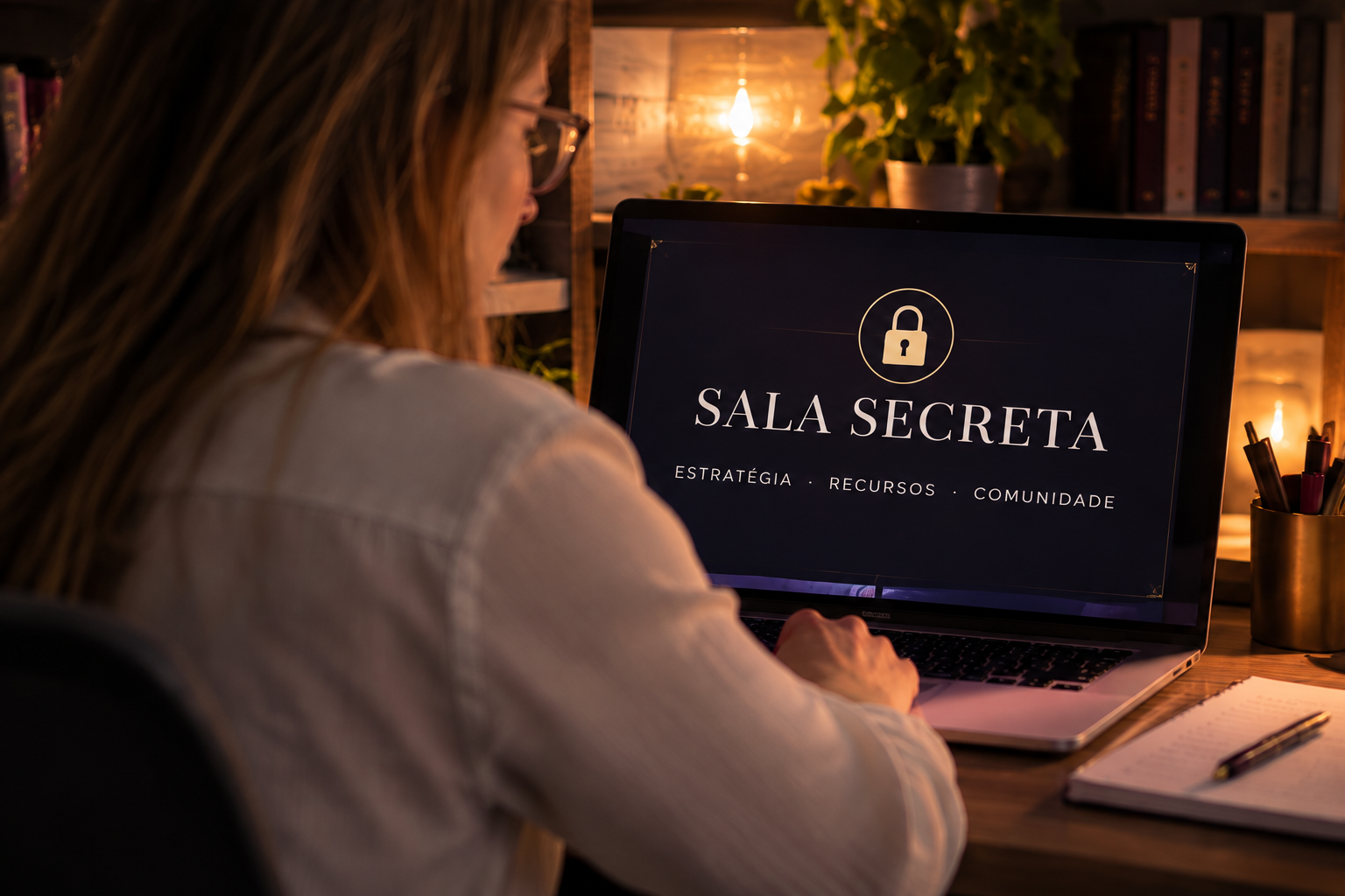 Terapeuta acessando a Sala Secreta no notebook, em um ambiente de luz quente